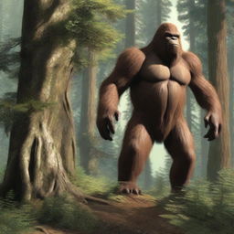 A highly detailed and realistic forest scene with a bigfoot lurking in the background