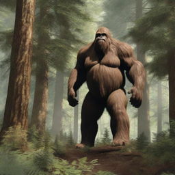 A highly detailed and realistic forest scene with a bigfoot lurking in the background