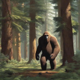 A highly detailed and realistic forest scene with a bigfoot lurking in the background