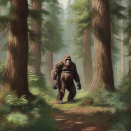 A highly detailed and realistic forest scene with a bigfoot lurking in the background