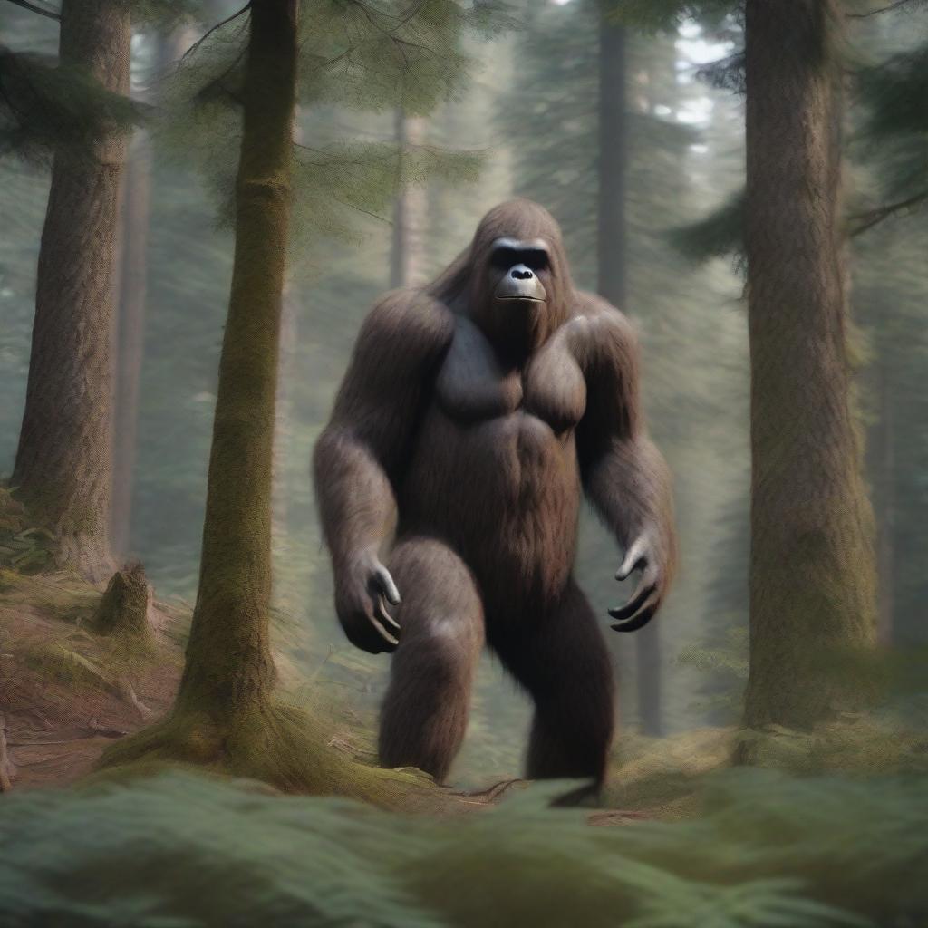 A 4K photo-realistic shot of a bigfoot lurking in the background