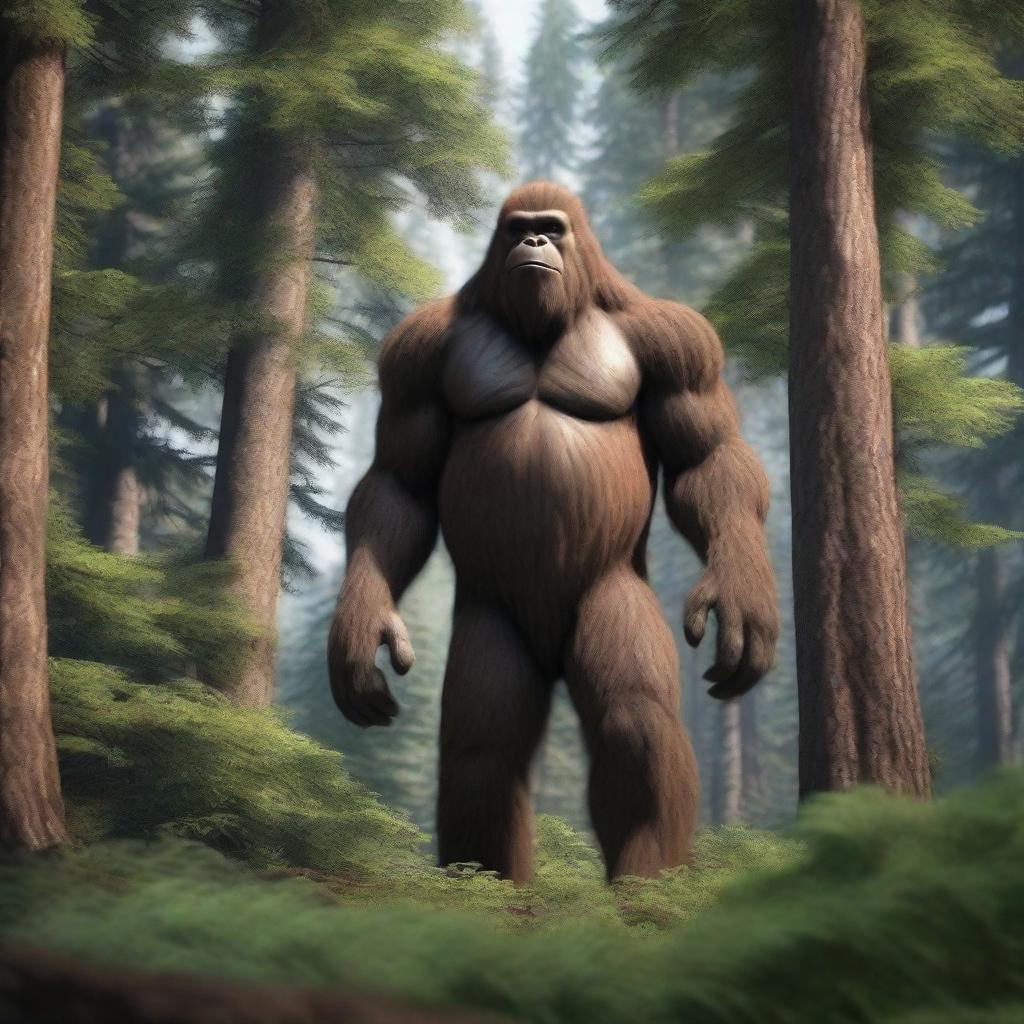 A 4K photo-realistic shot of a bigfoot lurking in the background