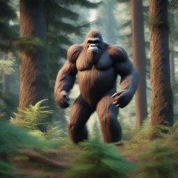 A 4K photo-realistic shot of a bigfoot lurking in the background