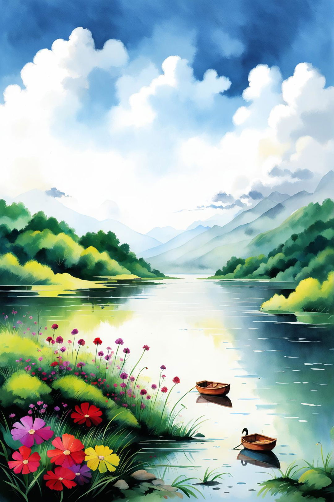 A beautiful watercolour painting of a serene landscape featuring a tranquil lake, rolling hills, mountains, a clear sky, wildflowers, a wooden dock, a rowboat, ducks, reflections, and gentle ripples