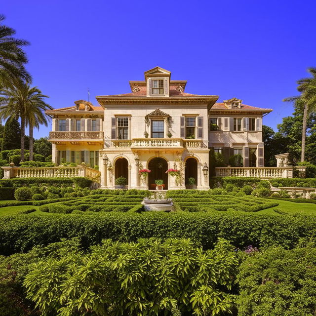 A luxurious and grandiose mansion, displaying architectural magnificence, surrounded by lush green gardens under a bright, sunny sky.