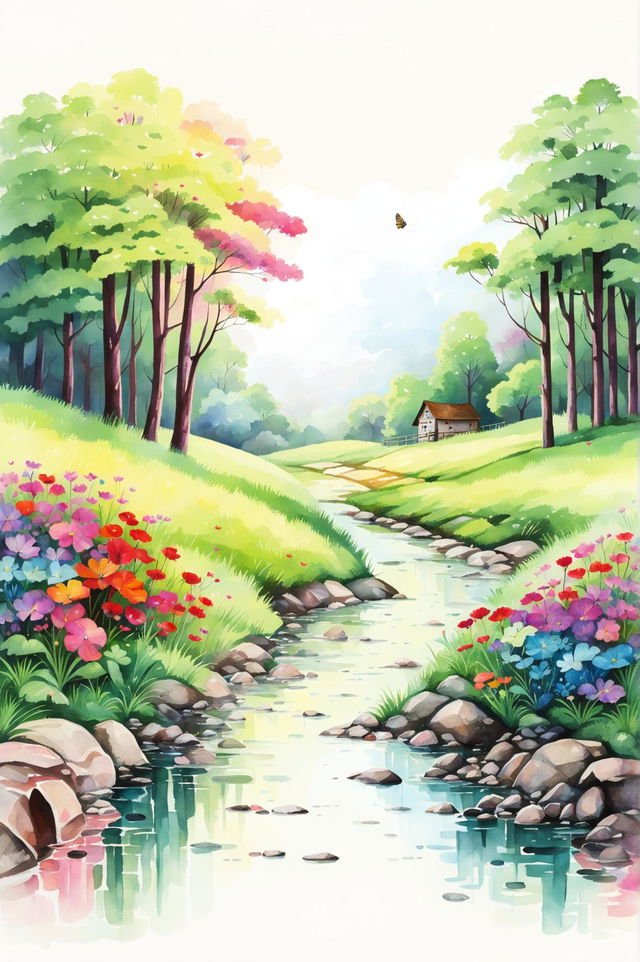 A beautiful watercolour painting of a serene landscape featuring a gentle stream, wildflowers, rolling hills, a dense forest, an early morning sky, a stone bridge, a rustic cabin, butterflies, reflections, and sunlight filtering through the trees