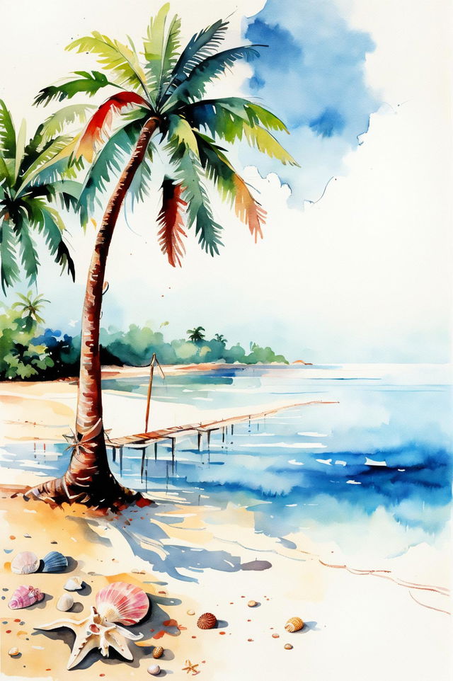 A beautiful watercolour painting of a serene beach landscape featuring white sand, turquoise waters, palm trees, a sunny sky, a wooden pier, seagulls, seashells, starfish, gentle waves, and reflections