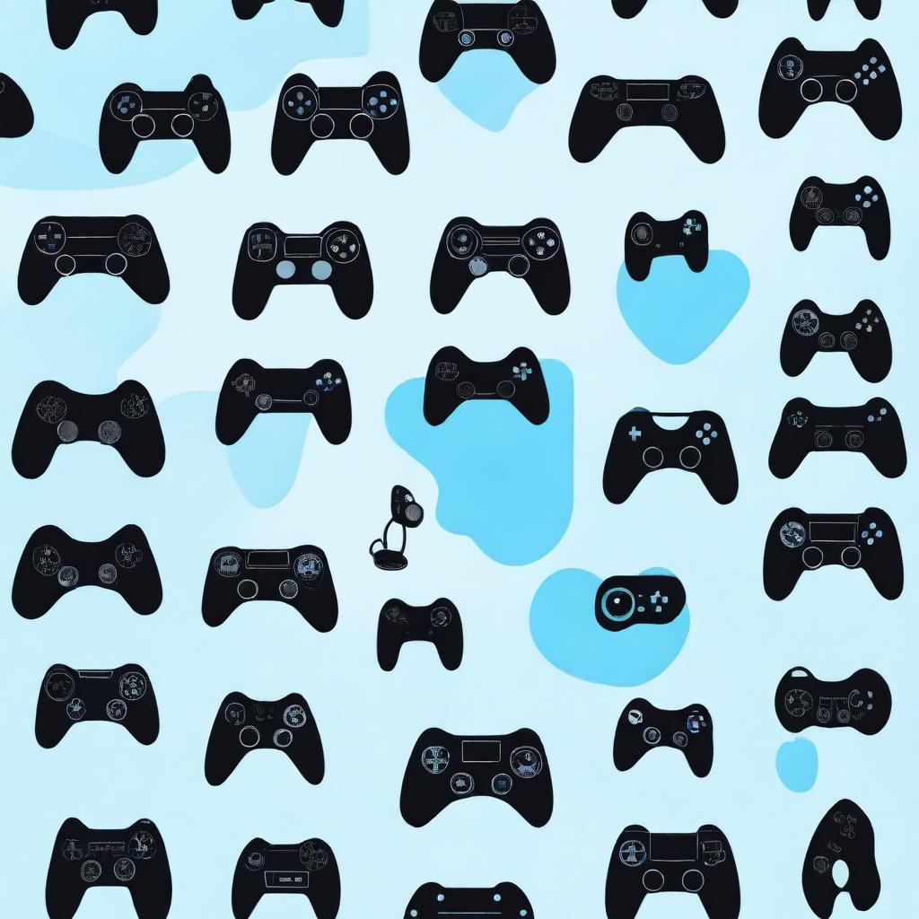 A collection of black silhouettes of various video game controllers arranged inside the outline of a heart, set against a blue background