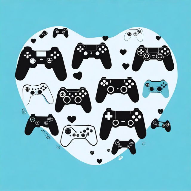 A collection of black silhouettes of various video game controllers arranged inside the outline of a heart, set against a blue background