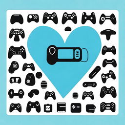 A collection of black silhouettes of various video game controllers arranged inside the outline of a heart, set against a blue background