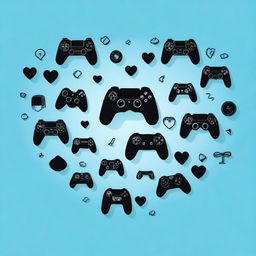 A collection of black silhouettes of various video game controllers arranged inside the outline of a heart, set against a blue background