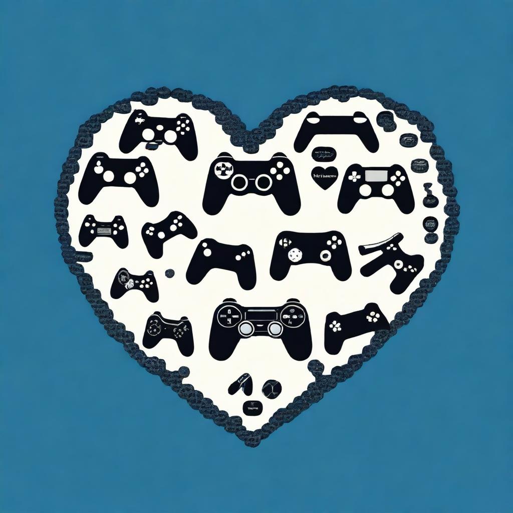 A collection of black silhouettes of various video game controllers arranged inside the outline of a heart, set against a dark blue background