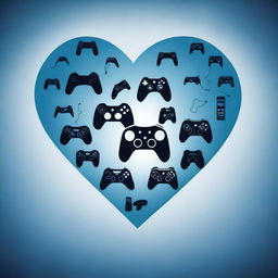 A collection of black silhouettes of various video game controllers arranged inside the outline of a heart, set against a dark blue background