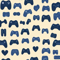 A collection of black silhouettes of various video game controllers arranged inside the outline of a heart, set against a dark blue background