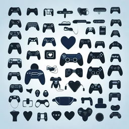 A collection of black silhouettes of various video game controllers arranged inside the outline of a heart, set against a dark blue background