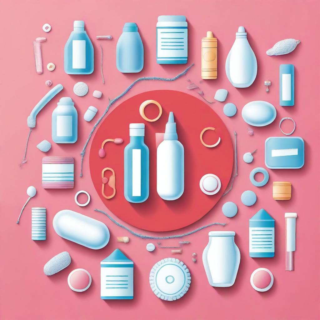 Create an image featuring various types of contraceptive methods such as male and female condoms, IUDs (including different types of IUDs), birth control pills, patches, and symbols for HIV