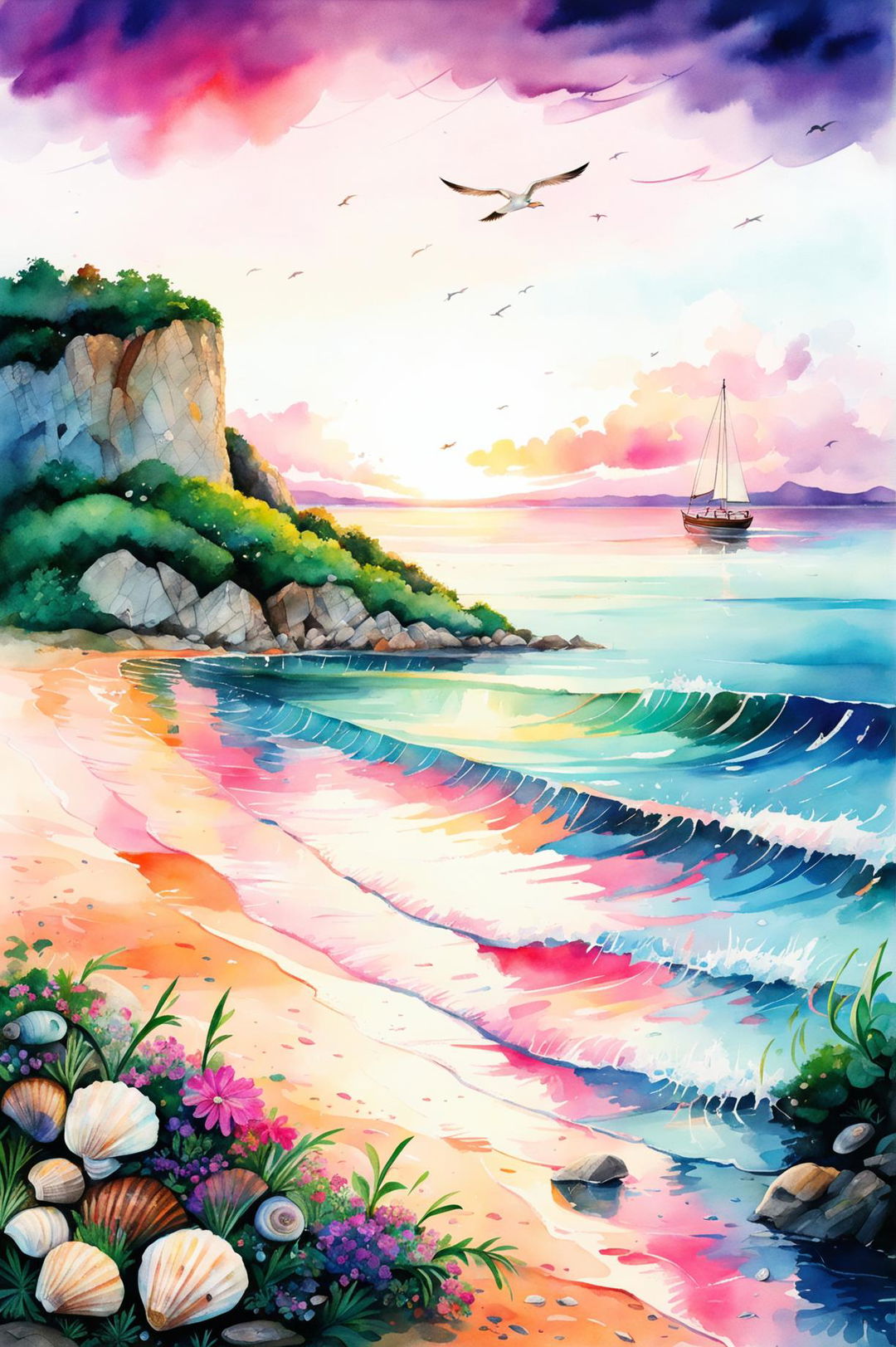 A beautiful watercolour painting of a serene beach landscape featuring white sand, turquoise ocean, a dramatic cliff, a stunning sunset, a sailboat, seagulls, seashells, and reflections of the sunset