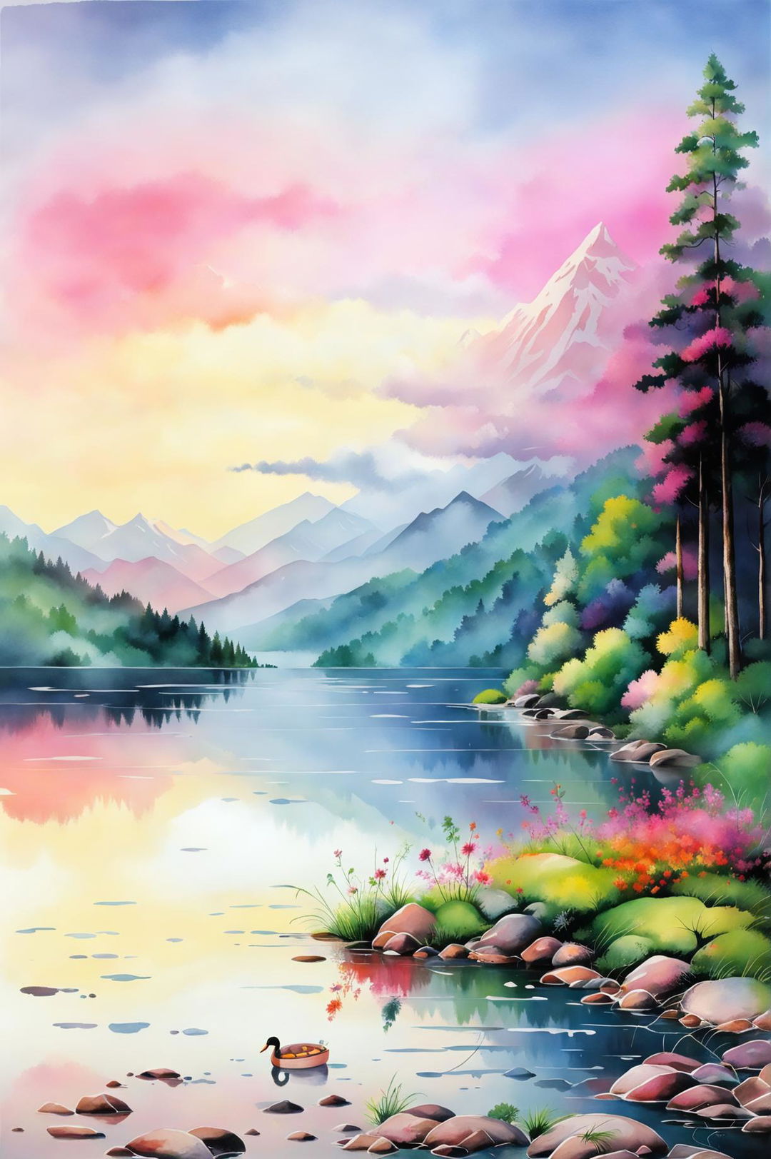 A beautiful watercolour painting of a serene mountain lake landscape featuring crystal-clear water, snow-capped mountains, a dawn sky, a wildflower meadow, pine trees, a wooden rowboat, ducks, gentle ripples, and sunlight filtering through the trees