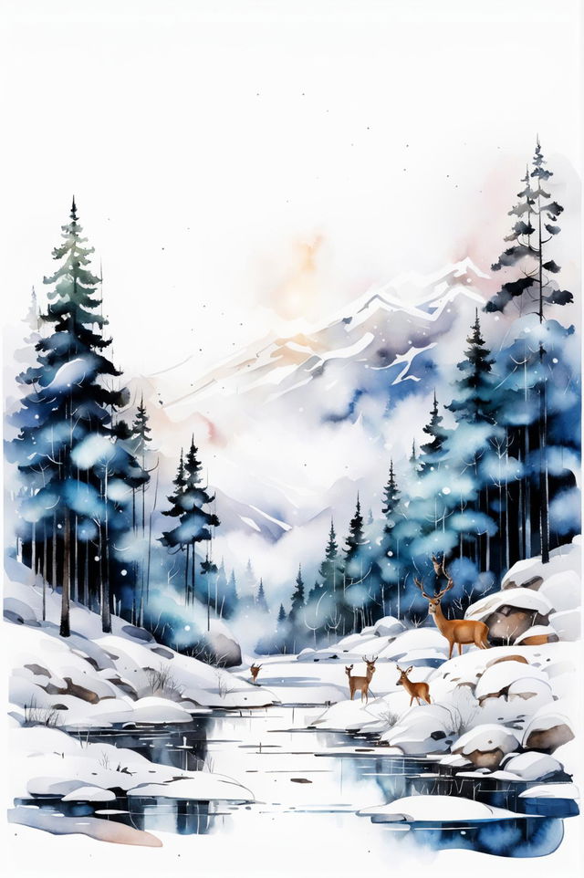 A beautiful watercolour painting of a serene winter landscape featuring a snow-covered valley, pine trees, snow-capped mountains, a clear winter sky, a frozen lake, a wooden cabin, deer, falling snowflakes, and sunlight filtering through the trees