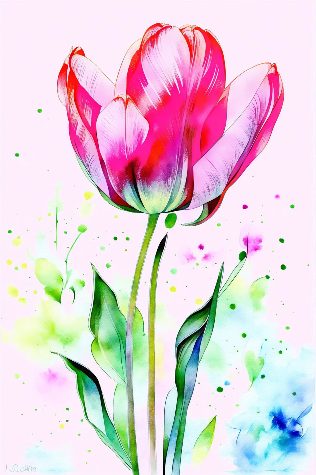 A beautiful watercolour painting of a pink tulip in full bloom with a soft, blurred background of greens and blues, capturing the essence of natural beauty