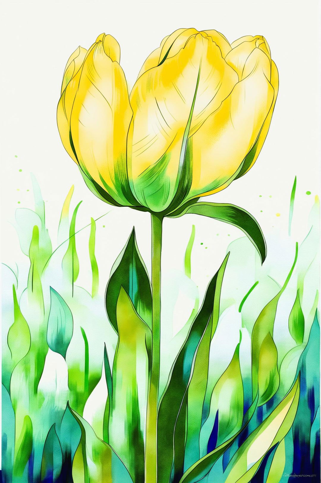 A beautiful watercolour painting of a yellow tulip in full bloom with a soft, blurred background of greens and blues, capturing the essence of natural beauty