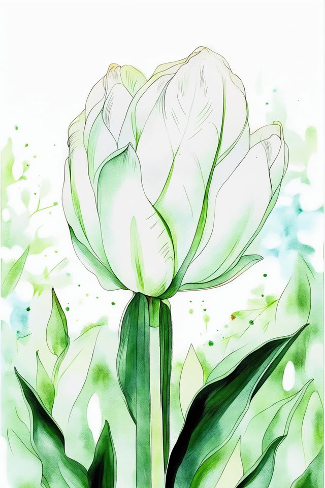 A beautiful watercolour painting of a white tulip in full bloom with a soft, blurred background of greens and blues, capturing the essence of natural beauty