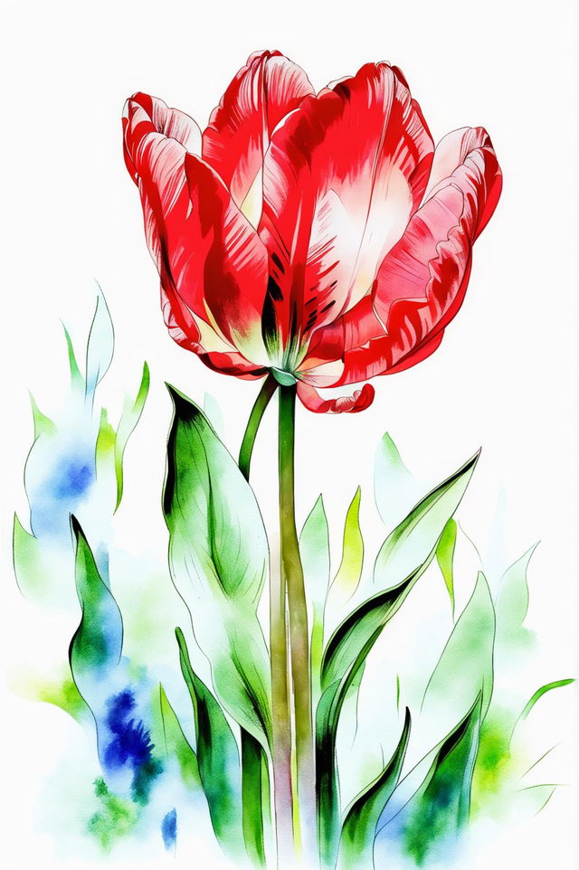 A beautiful watercolour painting of a red tulip in full bloom with a soft, blurred background of greens and blues, capturing the essence of natural beauty