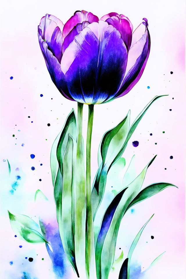 A beautiful watercolour painting of a purple tulip in full bloom with a soft, blurred background of greens and blues, capturing the essence of natural beauty