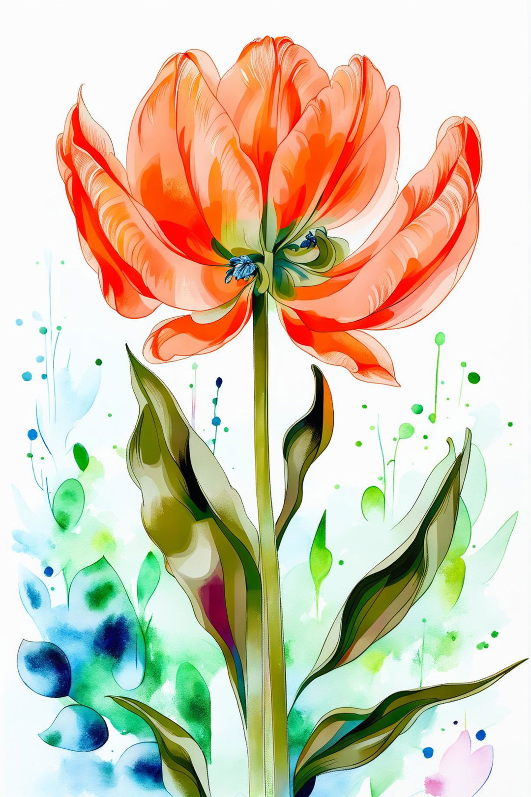 A beautiful watercolour painting of an orange tulip in full bloom with a soft, blurred background of greens and blues, capturing the essence of natural beauty