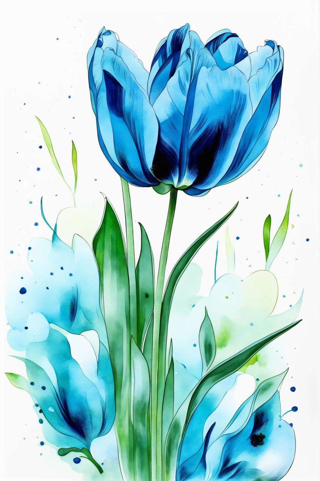 A beautiful watercolour painting of a blue tulip in full bloom with a soft, blurred background of greens and blues, capturing the essence of natural beauty