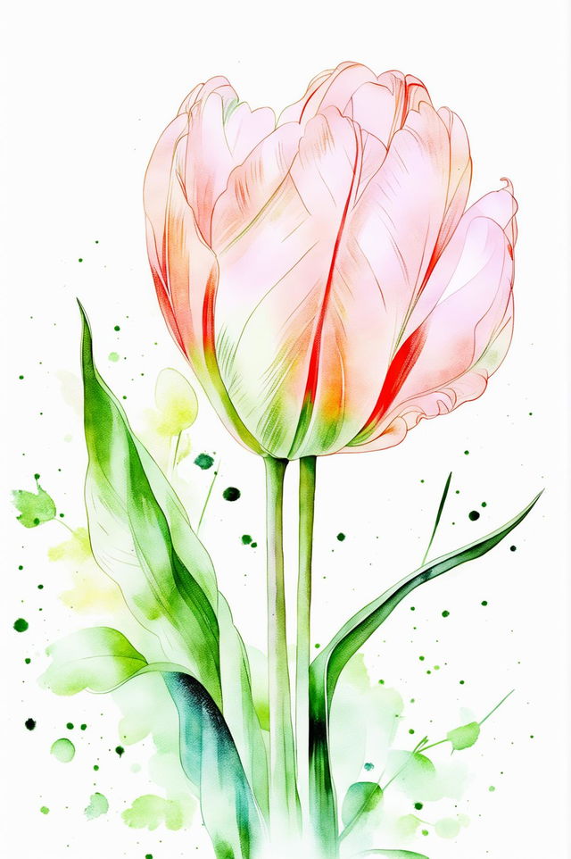 A beautiful watercolour painting of a light pink tulip in full bloom with a soft, blurred background of greens and blues, capturing the essence of natural beauty