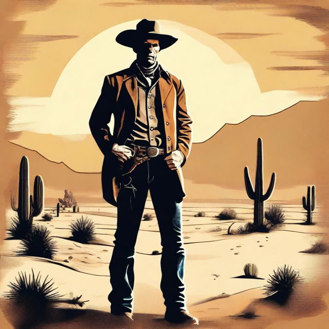 Create a vintage-style poster featuring a rugged cowboy in a desolate desert landscape