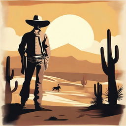 Create a vintage-style poster featuring a rugged cowboy in a desolate desert landscape