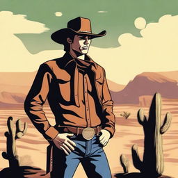 Create a vintage-style poster featuring a rugged cowboy in a desolate desert landscape