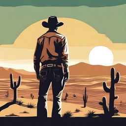 Create a vintage-style poster featuring a rugged cowboy in a desolate desert landscape