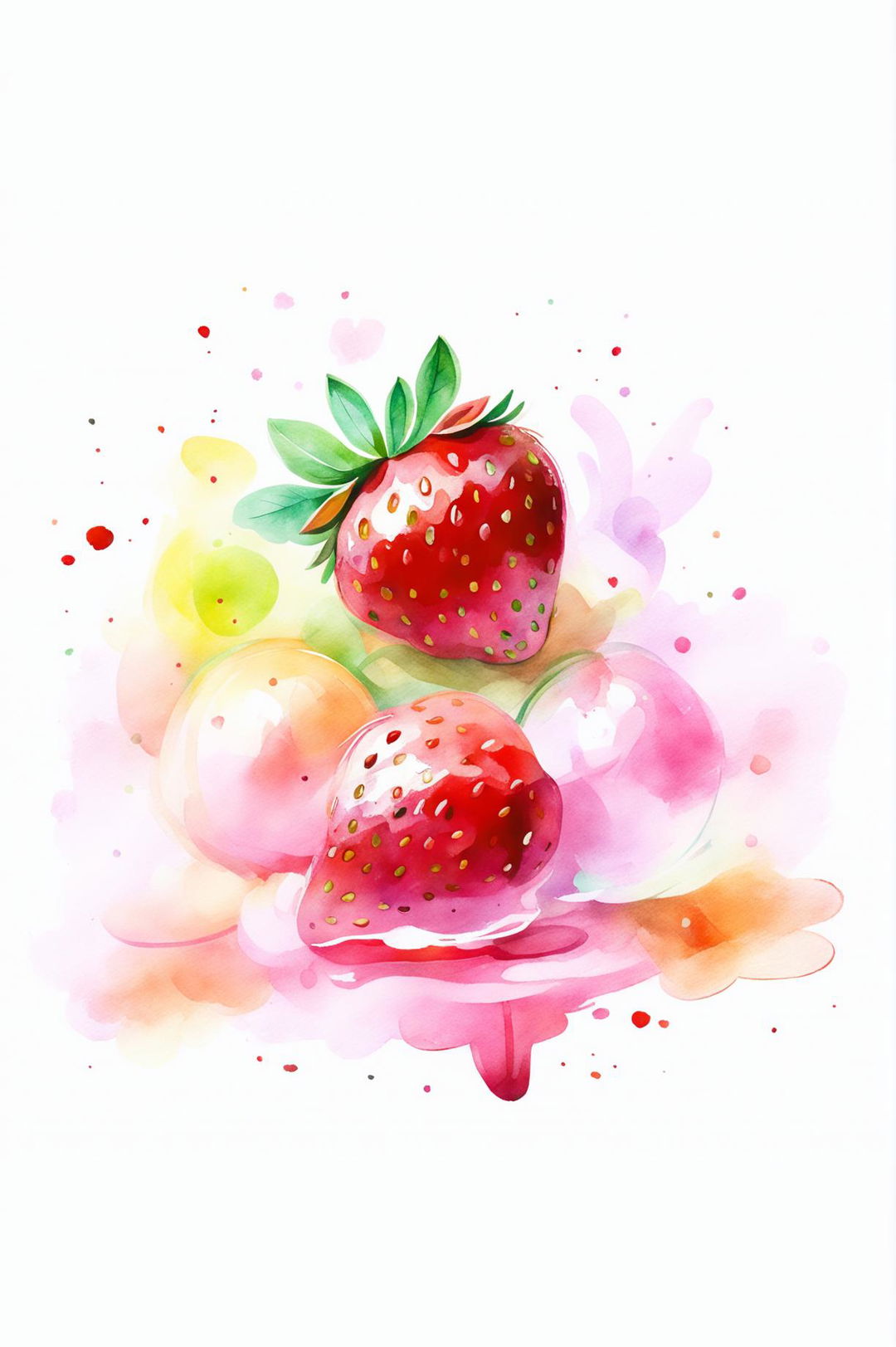 Create a cute watercolour painting of a strawberry with soft, rounded features and gentle, pastel colours