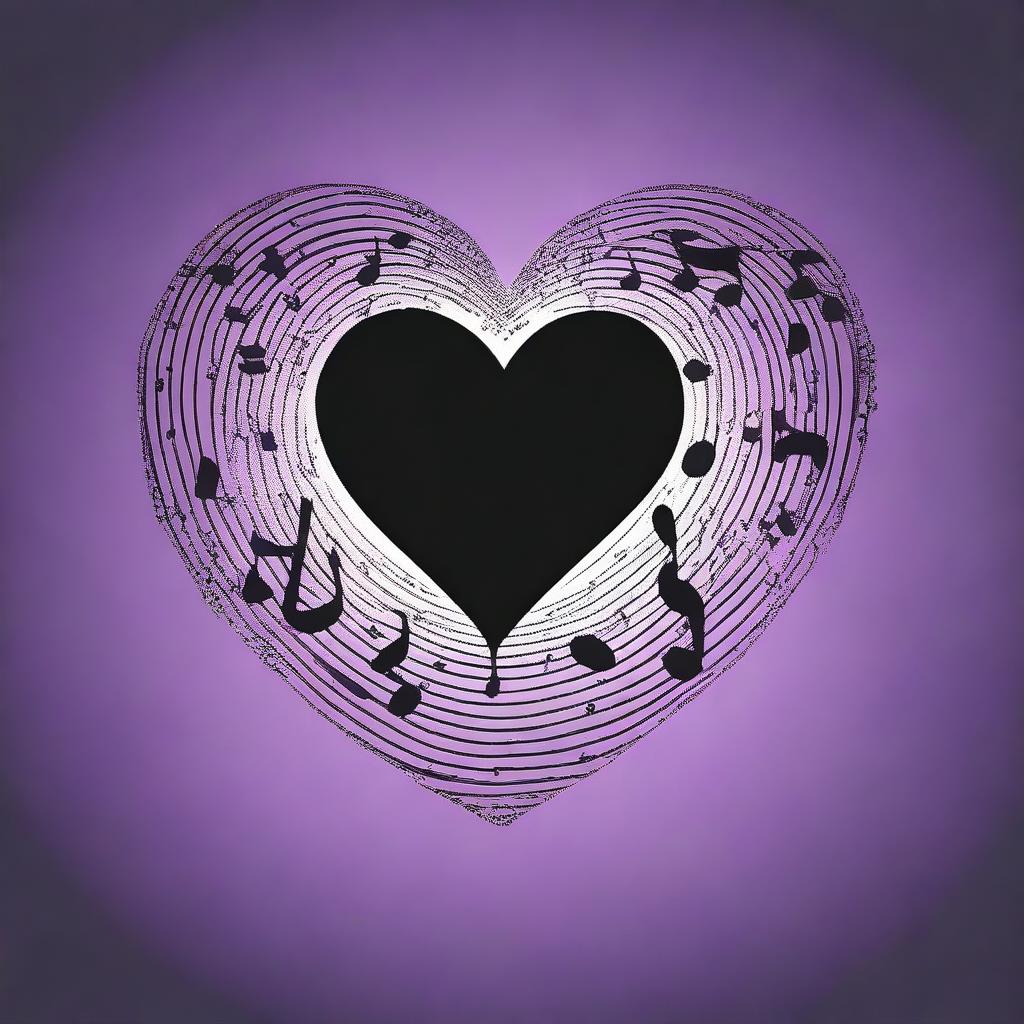 Create an image with the outline of a heart filled with many black music notes on a dark purple backdrop