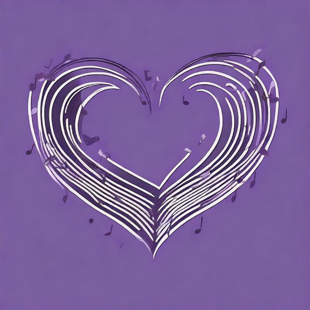 Create an image with the outline of a heart filled with many black music notes on a dark purple backdrop