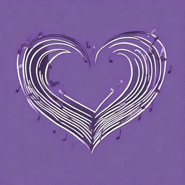 Create an image with the outline of a heart filled with many black music notes on a dark purple backdrop