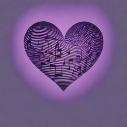 Create an image with the outline of a heart filled with many black music notes on a dark purple backdrop