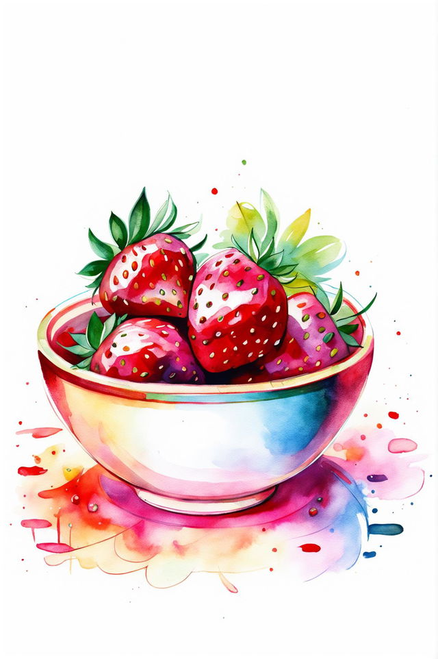 Create a watercolour painting of a strawberry in a bowl with realistic features and vibrant colours