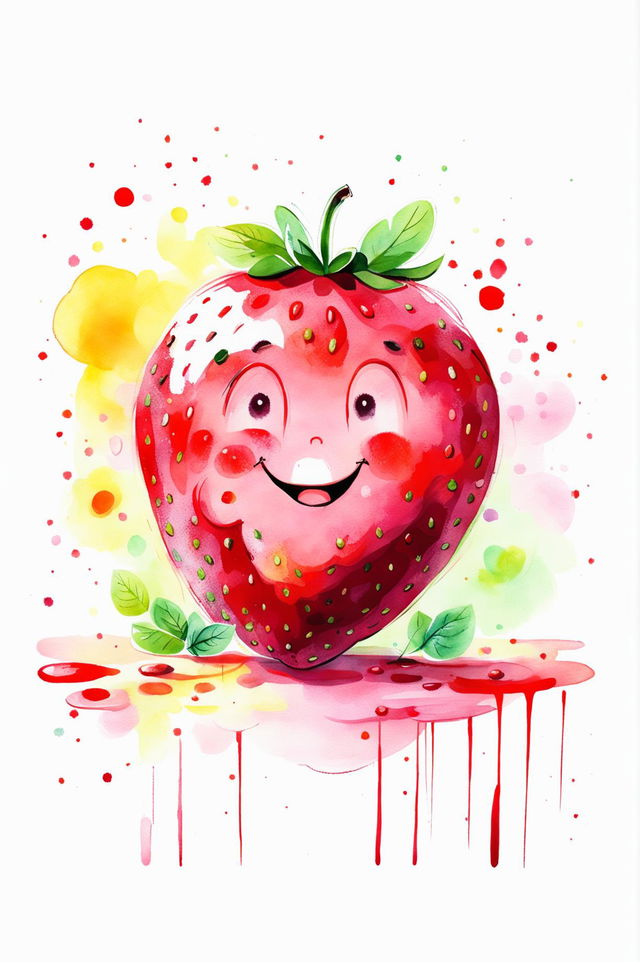 Create a cute watercolour painting of a strawberry with charming and whimsical features