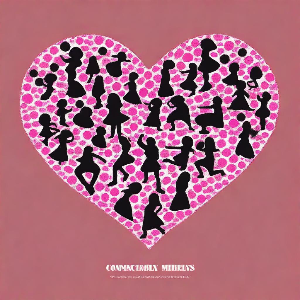 Create an image with the outline of a heart filled with many silhouettes of cheerleading pom poms on a dark pink backdrop