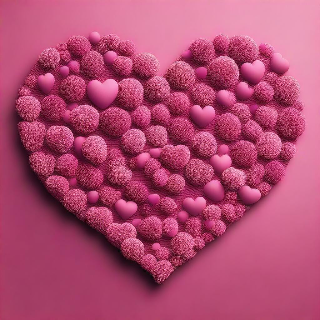 Create an image with the outline of a heart filled with many silhouettes of cheerleading pom poms on a dark pink backdrop