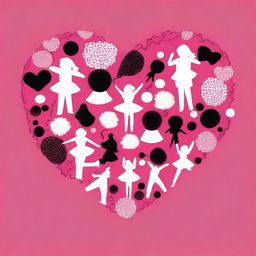 Create an image with the outline of a heart filled with many silhouettes of cheerleading pom poms on a dark pink backdrop