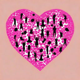 Create an image with the outline of a heart filled with many silhouettes of cheerleading pom poms on a dark pink backdrop