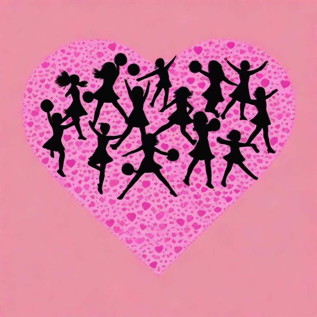 Create an image with the outline of a heart filled with many silhouettes of cheerleaders on a dark pink backdrop