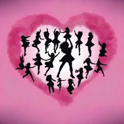 Create an image with the outline of a heart filled with many silhouettes of cheerleaders on a dark pink backdrop