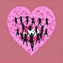 Create an image with the outline of a heart filled with many silhouettes of cheerleaders on a dark pink backdrop