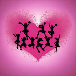 Create an image with the outline of a heart filled with many silhouettes of cheerleaders on a dark pink backdrop